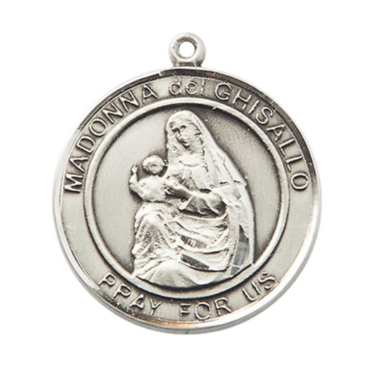 Mens .925 Sterling Silver Madonna del Ghisallo Medal Pendant on 24" Rhodium Plated Heavy Curb Brass Chain with Lobster Claw clasp, Catholic Religious Necklace -Made in USA- Velvet Gift Box