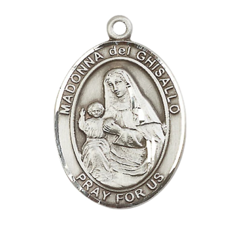 Women's .925 Sterling Silver Saint St. Madonna Del Ghisallo Medal Pendant on 18 Inch Rhodium Plated Lite Curb Brass Chain w/ Lobster Claw Clasp, Catholic Religious Necklace - Made in USA- Velvet Gift Box