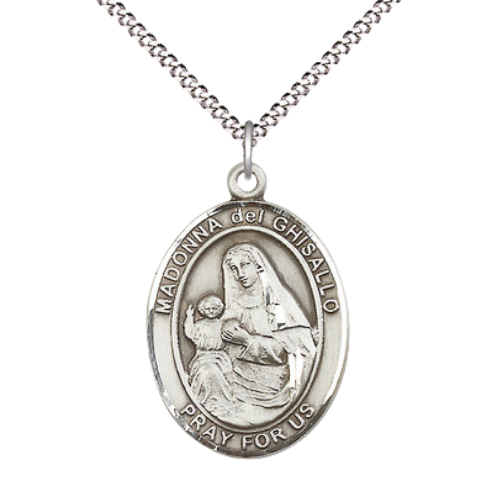 Women's Pewter Saint St. Madonna Del Ghisallo Medal Pendant on 18 Inch Rhodium Plated Lite Curb Brass Chain w/ Lobster Claw Clasp, Catholic Religious Necklace - Made in USA- Deluxe Velvet Gift Box