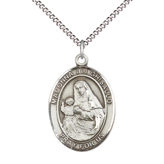 Women's Pewter Saint St. Madonna Del Ghisallo Medal Pendant on 18 Inch Rhodium Plated Lite Curb Brass Chain w/ Lobster Claw Clasp, Catholic Religious Necklace - Made in USA- Deluxe Velvet Gift Box