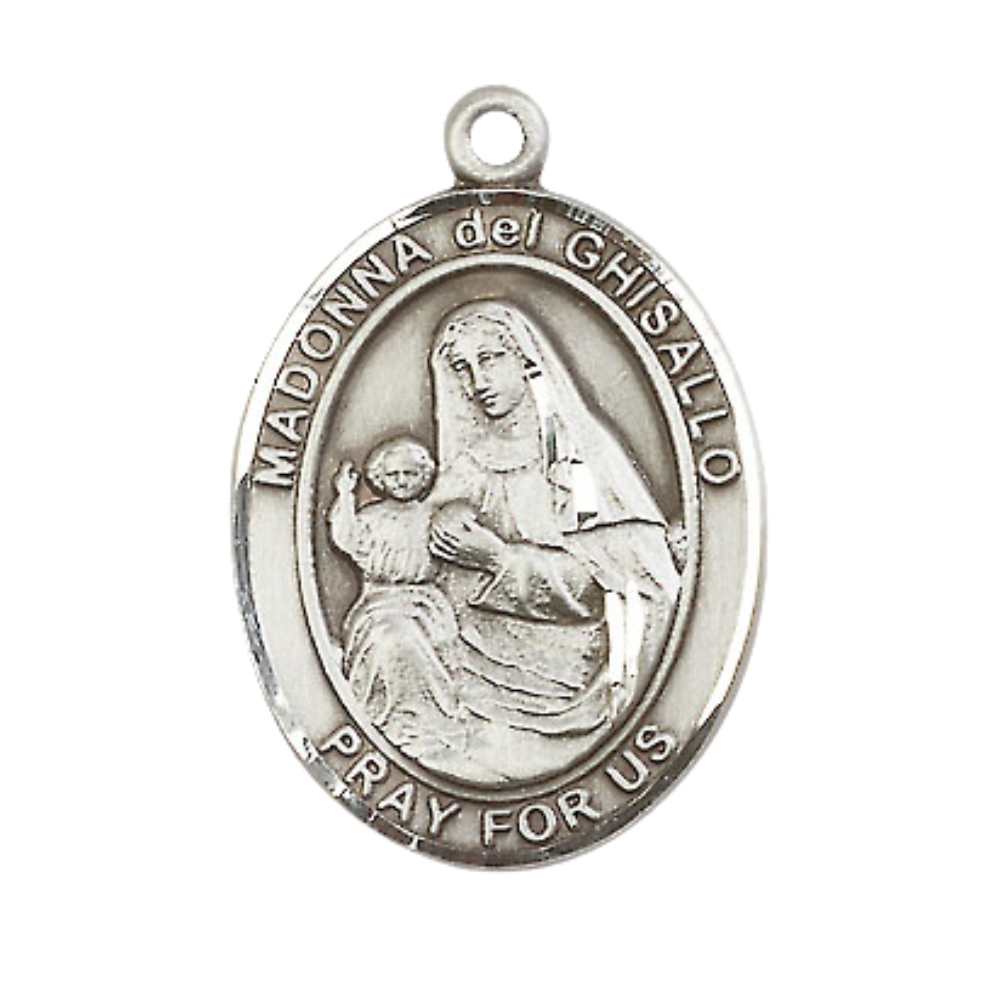 Mens Sterling Silver Saint Madonna Del Ghisallo Medal Pendant on 24" Rhodium Plated Heavy Curb Brass Chain w/ Lobster Claw clasp, Catholic Religious Necklace -Made in USA- Velvet Gift Box