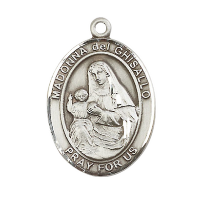 Mens Sterling Silver Saint Madonna Del Ghisallo Medal Pendant on 24" Rhodium Plated Heavy Curb Brass Chain w/ Lobster Claw clasp, Catholic Religious Necklace -Made in USA- Velvet Gift Box