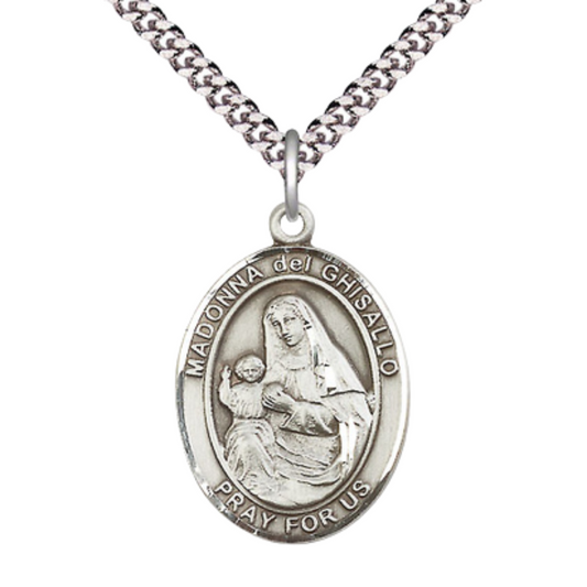 Saint Madonna Del Ghisallo Medal Necklace– Men's Pewter Pendant on 24” Light Rhodium Plated plated Chain – Catholic Patron Saint of Cyclists – Velvet Gift Box Included