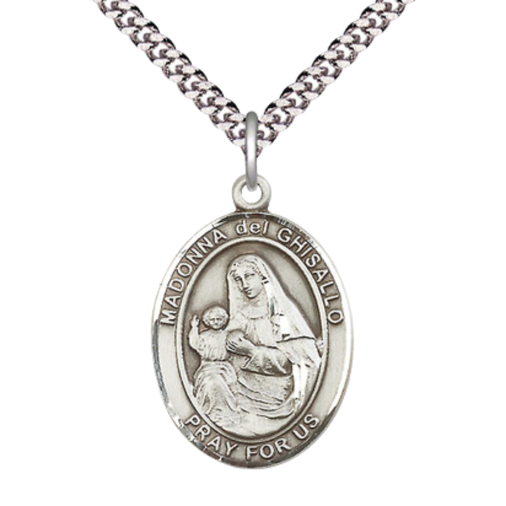 Mens Oval Pewter Saint St. Madonna Del Ghisallo Medal Pendant on 24 Inch Rhodium Plated Heavy Curb Brass Chain with Lobster Claw clasp, Catholic Religious Necklace - Made in USA - Velvet Gift Box
