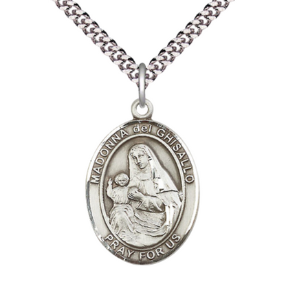 Mens Oval Pewter Saint St. Madonna Del Ghisallo Medal Pendant on 24 Inch Rhodium Plated Heavy Curb Brass Chain with Lobster Claw clasp, Catholic Religious Necklace - Made in USA - Velvet Gift Box
