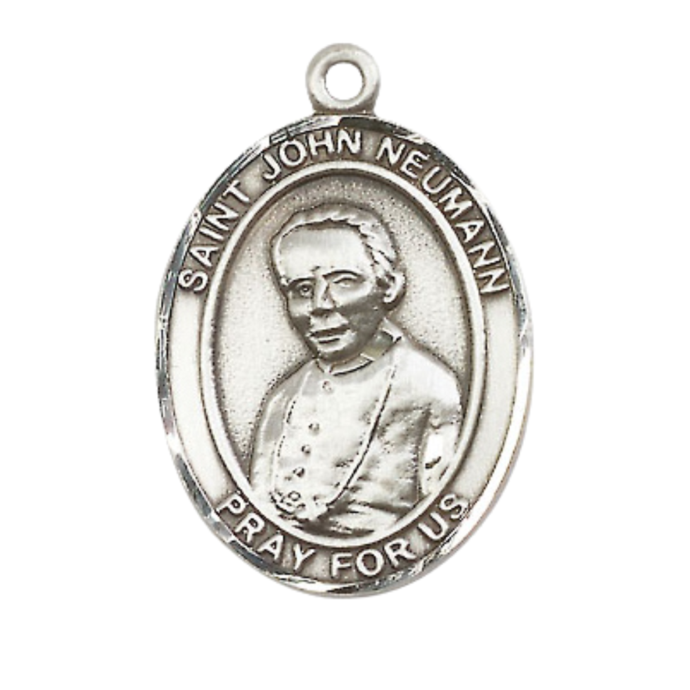 Women's .925 Sterling Silver Saint St. John Neumann Medal Pendant on 18 Inch Rhodium Plated Lite Curb Brass Chain w/ Lobster Claw Clasp, Catholic Religious Necklace - Made in USA- Deluxe Velvet Gift Box