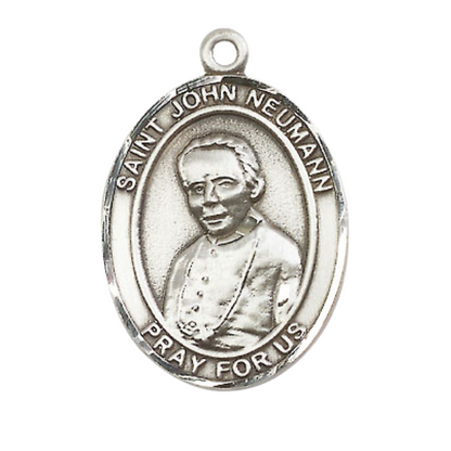 Women's .925 Sterling Silver Saint St. John Neumann Medal Pendant on 18 Inch Rhodium Plated Lite Curb Brass Chain w/ Lobster Claw Clasp, Catholic Religious Necklace - Made in USA- Deluxe Velvet Gift Box
