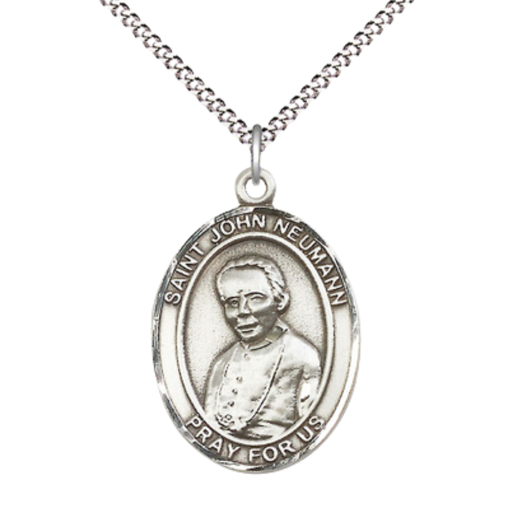 Women's Pewter Saint St. John Neumann Medal Pendant on 18 Inch Rhodium Plated Lite Curb Brass Chain w/Lobster Claw Clasp, Catholic Religious Necklace - Made in USA- Deluxe Velvet Gift Box