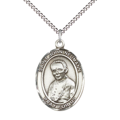 Women's Pewter Saint St. John Neumann Medal Pendant on 18 Inch Rhodium Plated Lite Curb Brass Chain w/Lobster Claw Clasp, Catholic Religious Necklace - Made in USA- Deluxe Velvet Gift Box