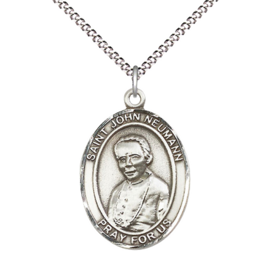 Women's .925 Sterling Silver Saint St. John Neumann Medal Pendant on 18 Inch Rhodium Plated Lite Curb Brass Chain w/ Lobster Claw Clasp, Catholic Religious Necklace - Made in USA- Deluxe Velvet Gift Box