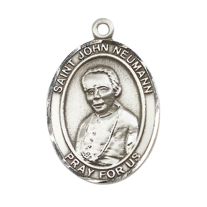 Mens .925 Sterling Silver Saint St. John Neumann Medal Pendant on 24 Inch Rhodium Plated Heavy Curb Brass Chain with Lobster Claw clasp, Catholic Religious Necklace - Made in USA- Velvet Gift Box