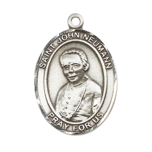 Mens .925 Sterling Silver Saint St. John Neumann Medal Pendant on 24 Inch Rhodium Plated Heavy Curb Brass Chain with Lobster Claw clasp, Catholic Religious Necklace - Made in USA- Velvet Gift Box