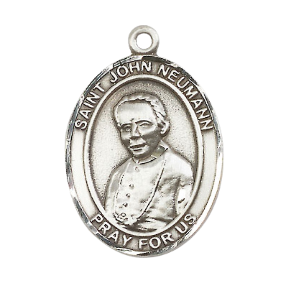 Saint St. John Neumann Medal Necklace – 24 Inch Endless Light Rhodium Plated plated Chain – Patron Saint St. of Catholic Education – Exquisite Catholic Religious Jewelry in Velvet Gift Box