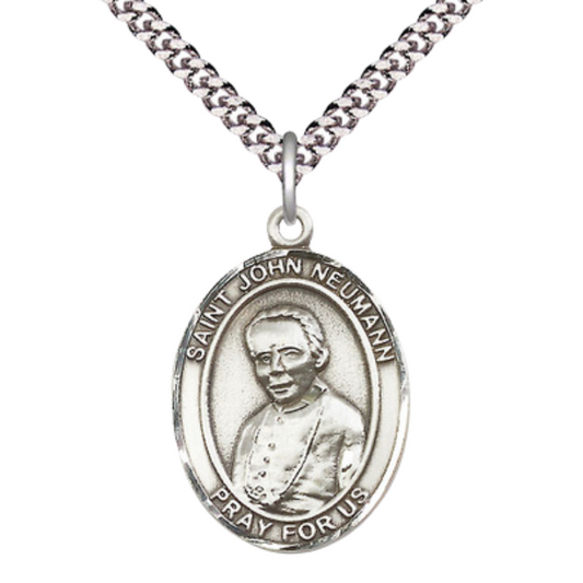 Mens 1 x 3/4" Oval Pewter Saint John Neumann Medal Pendant on 24" Rhodium Plated Heavy Curb Brass Chain with Lobster Claw clasp , Catholic Religious Necklace -Made in USA - Velvet Gift Box