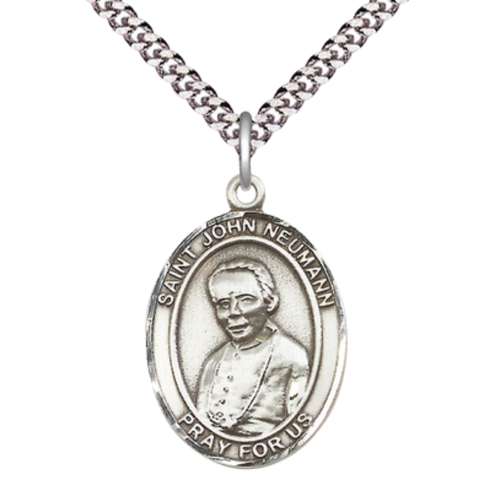 Saint St. John Neumann Men's Medal Necklace – 24 Inch Endless Light Rhodium Plated Heavy Curb Chain – Patron Saint St. of Catholic Education – Exquisite Catholic Religious Jewelry in Velvet Gift Box
