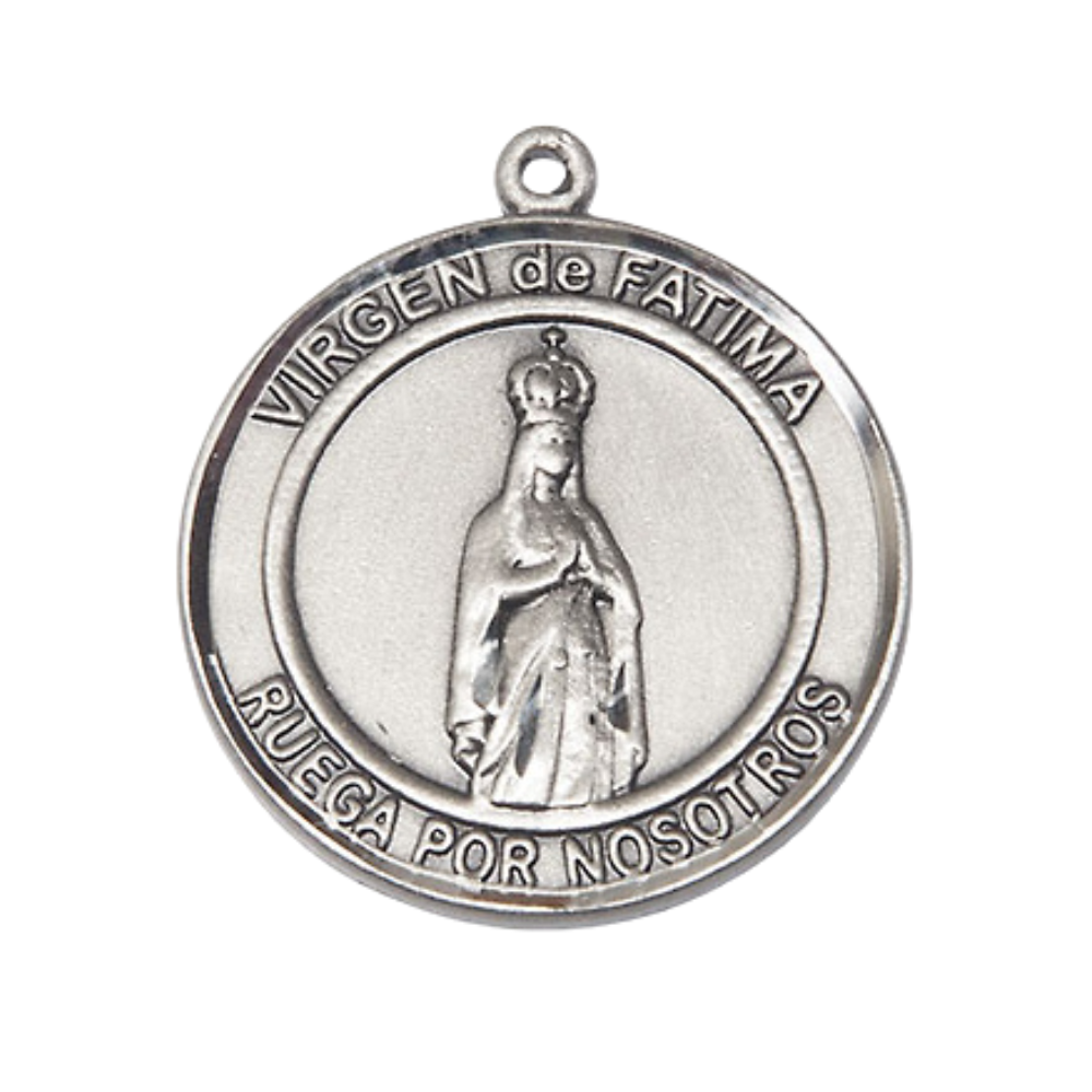 Spanish Script Women's Pewter Virgen de Fatima Medal Pendant on 18 Inch Rhodium Plated Lite Curb Brass Chain, Catholic Religious Necklace with Lobster Claw Clasp - Made in USA, Comes in Deluxe Velvet Gift Box