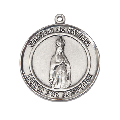 Spanish Script Women's Pewter Virgen de Fatima Medal Pendant on 18 Inch Rhodium Plated Lite Curb Brass Chain, Catholic Religious Necklace with Lobster Claw Clasp - Made in USA, Comes in Deluxe Velvet Gift Box