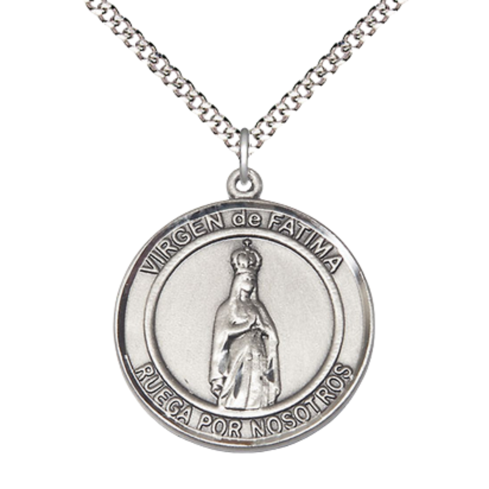 Spanish Script Women's Pewter Virgen de Fatima Medal Pendant on 18 Inch Rhodium Plated Lite Curb Brass Chain, Catholic Religious Necklace with Lobster Claw Clasp - Made in USA, Comes in Deluxe Velvet Gift Box