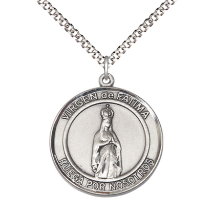 Spanish Script Women's Pewter Virgen de Fatima Medal Pendant on 18 Inch Rhodium Plated Lite Curb Brass Chain, Catholic Religious Necklace with Lobster Claw Clasp - Made in USA, Comes in Deluxe Velvet Gift Box