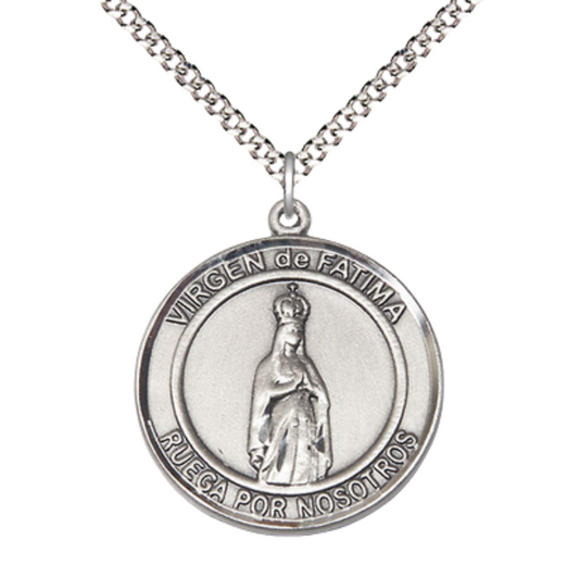 Spanish Script Women's .925 Sterling Silver Virgen de Fatima Medal Pendant on 18 Inch Rhodium Plated Lite Curb Brass Chain, Catholic Religious Necklace with Lobster Claw Clasp - Made in USA, Deluxe Velvet Gift Box.