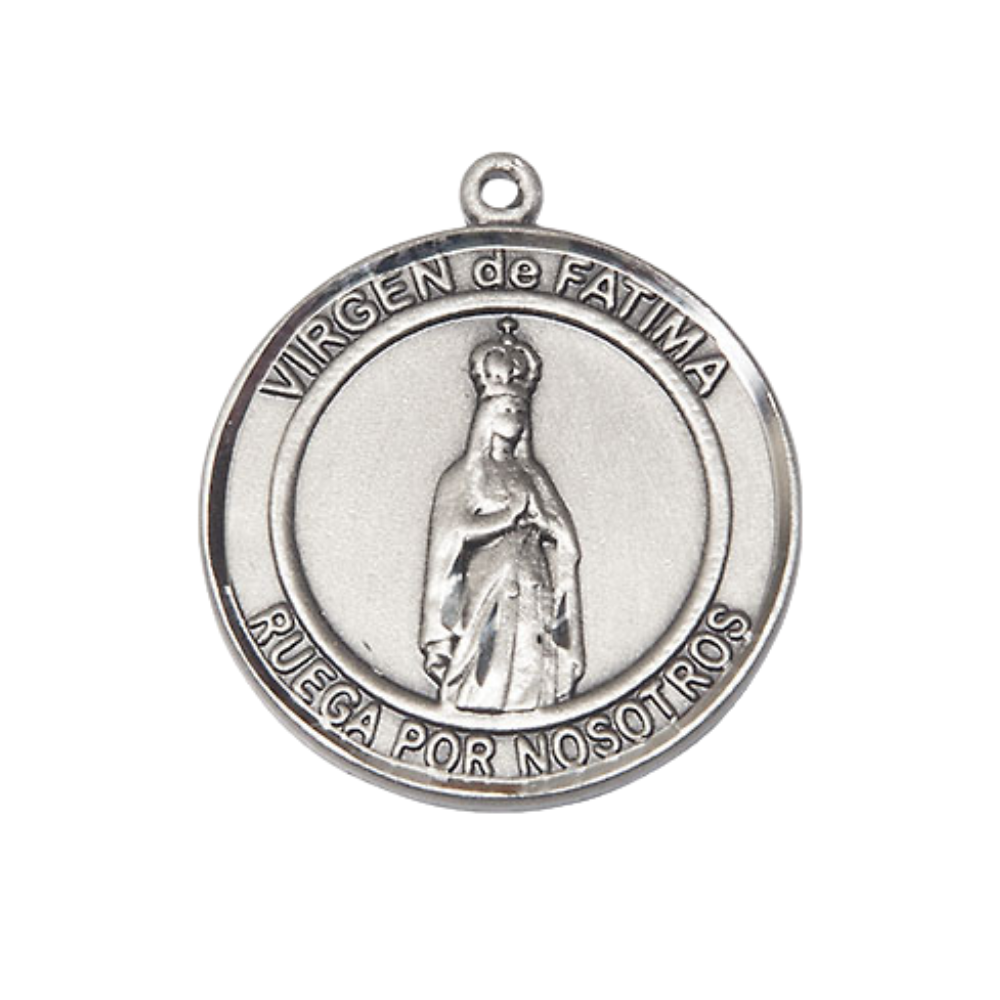 Mens 1 x 7/8" Round Pewter Virgen de Fatima Medal Pendant on 24" Rhodium Plated Heavy Curb Brass Chain with Lobster Claw clasp, Catholic Religious Necklace -Made in USA- Velvet Gift Box