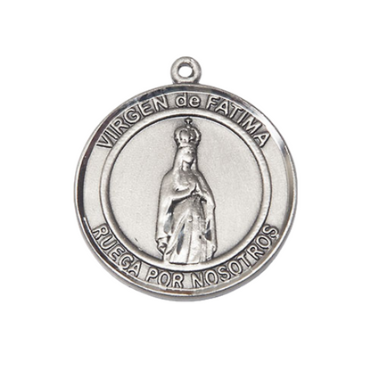 Mens 1 x 7/8" Round Pewter Virgen de Fatima Medal Pendant on 24" Rhodium Plated Heavy Curb Brass Chain with Lobster Claw clasp, Catholic Religious Necklace -Made in USA- Velvet Gift Box