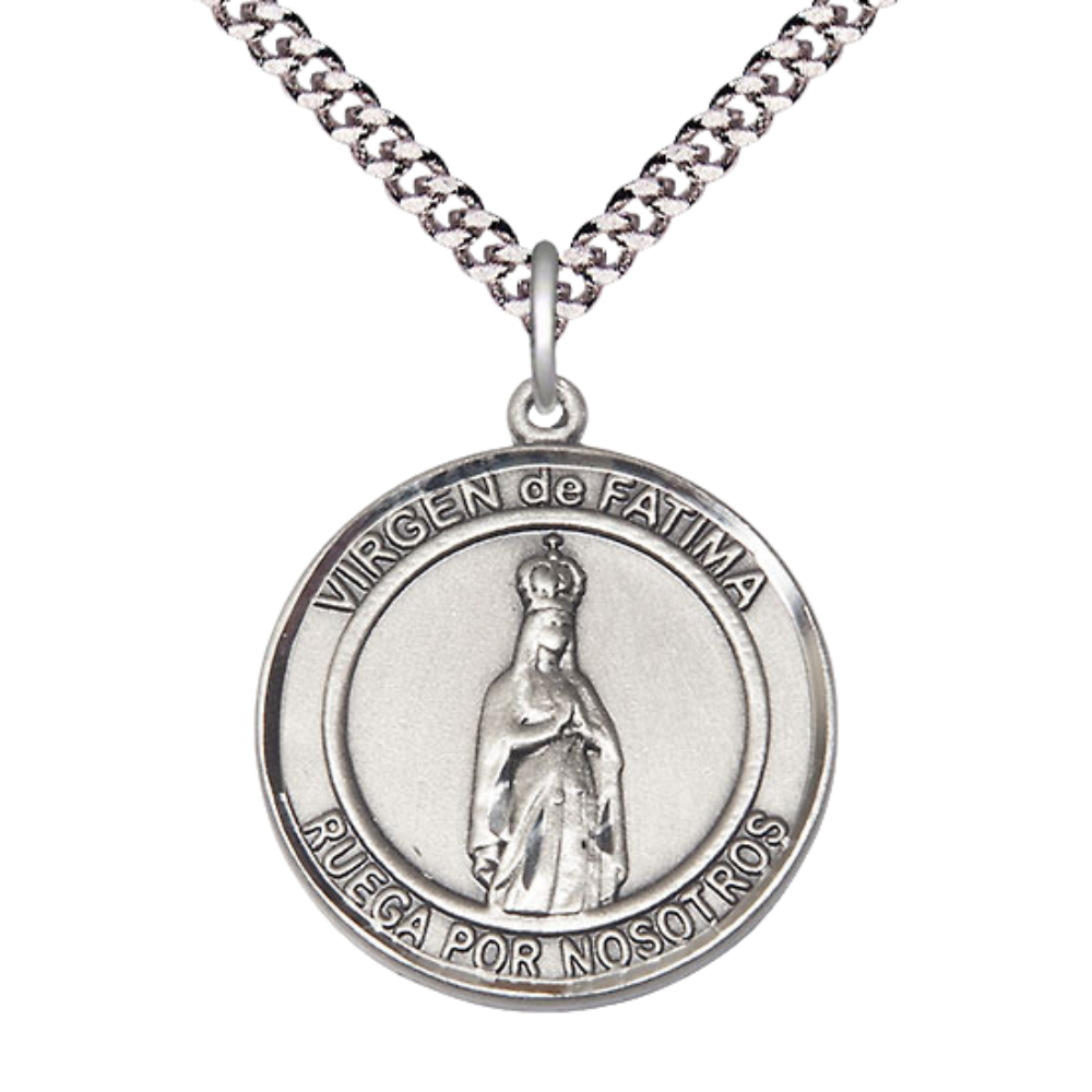 Spanish Script Men's .925 Sterling Silver Virgen de Fatima Medal Pendant on 24 Inch Endless Rhodium Plated Heavy Curb Chain, Catholic Religious Necklace - Made in USA, Comes in Deluxe Velvet Gift Box