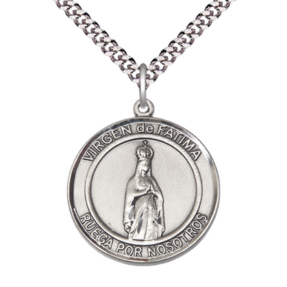 Mens .925 Sterling Silver Virgen de Fatima Medal Pendant on 24 Inch Rhodium Plated Heavy Curb Brass Chain with Lobster Claw clasp, Catholic Religious Necklace - Made in USA- Velvet Gift Box