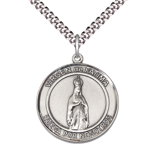 Mens .925 Sterling Silver Virgen de Fatima Medal Pendant on 24 Inch Rhodium Plated Heavy Curb Brass Chain with Lobster Claw clasp, Catholic Religious Necklace - Made in USA- Velvet Gift Box