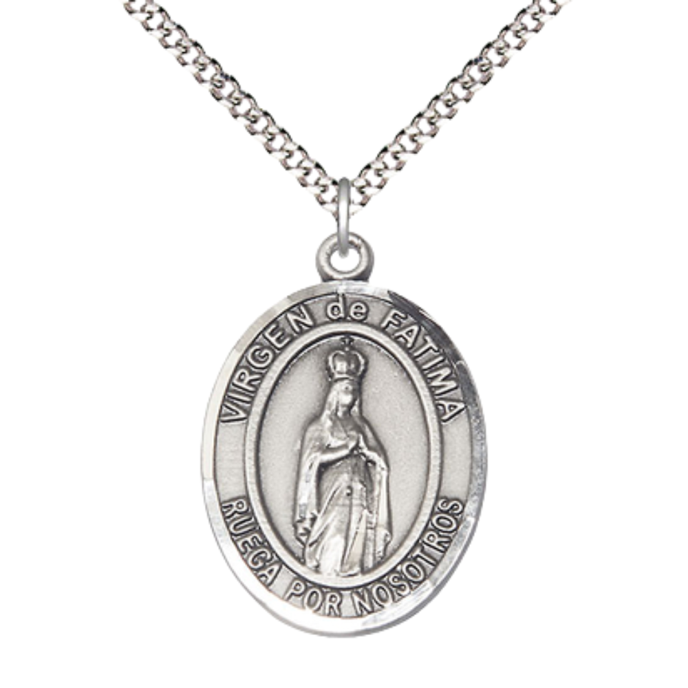 Spanish Script Women's .925 Sterling Silver Virgen de Fatima Medal Pendant on 18 Inch Rhodium Plated Lite Curb Brass Chain, Catholic Religious Necklace with Lobster Claw Clasp - Made in USA - Velvet Gift Box