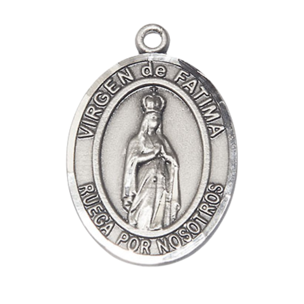 Spanish Script Women's .925 Sterling Silver Virgen de Fatima Medal Pendant on 18 Inch Rhodium Plated Lite Curb Brass Chain, Catholic Religious Necklace with Lobster Claw Clasp - Made in USA - Velvet Gift Box