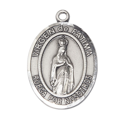 Spanish Script Women's Pewter Virgen de Fatima Medal Pendant on 18 Inch Rhodium Plated Lite Curb Brass Chain, Catholic Religious Necklace with Lobster Claw Clasp - Made in USA, Deluxe Velvet Gift Box