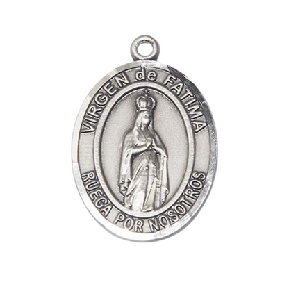 Everlasting Light Jewelry Spanish Script Men's Pewter Virgen de Fatima Medal Pendant on 24 Inch Endless Rhodium Plated Heavy Curb Chain,Catholic Religious Necklace -Made in USA, Deluxe Velvet Gift Box