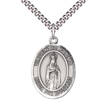 Mens 1 x 3/4" Oval Pewter Virgen de Fatima Medal Pendant on 24 Inch Rhodium Plated Heavy Curb Brass Chain with Lobster Claw clasp, Catholic Religious Necklace - Made in USA - Velvet Gift Box