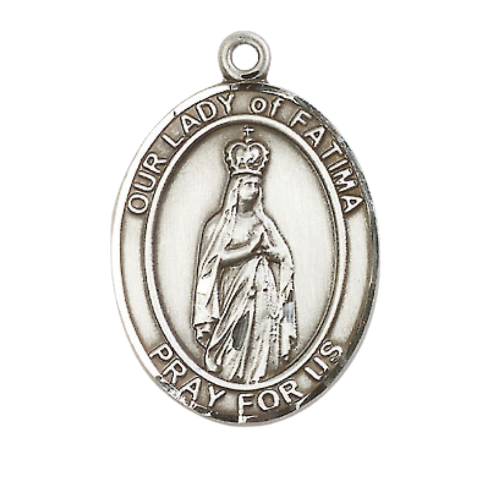 Women's Pewter Our Lady of Fatima Medal Pendant on 18 Inch Rhodium Plated Lite Curb Brass Chain w/Lobster Claw Clasp, Catholic Religious Necklace - Made in USA- Deluxe Velvet Gift Box