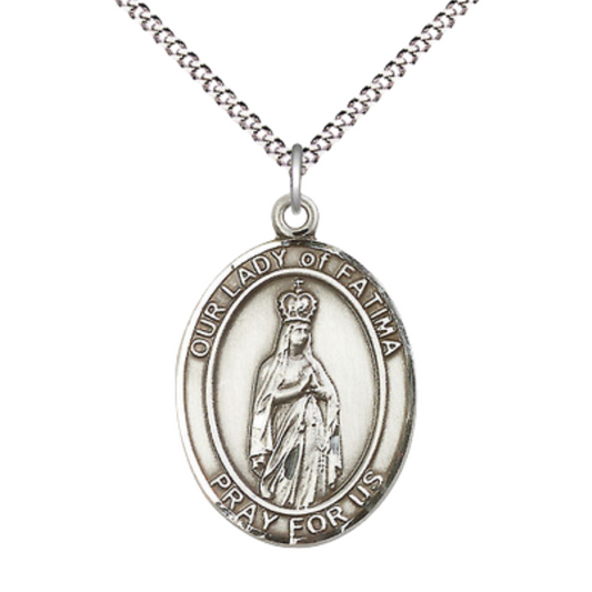 Women's .925 Sterling Silver Our Lady of Fatima Medal Pendant on 18 Inch Rhodium Plated Lite Curb Brass Chain w/ Lobster Claw Clasp, Catholic Religious Necklace - Made in USA- Deluxe Velvet Gift Box