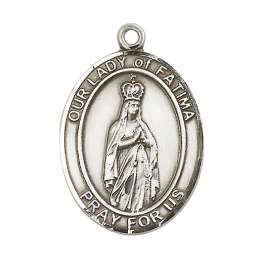 Mens .925 Sterling Silver Our Lady of Fatima Medal Pendant on 24" Rhodium Plated Heavy Curb Brass Chain with Lobster Claw clasp, Catholic Religious Necklace -Made in USA- Velvet Gift Box