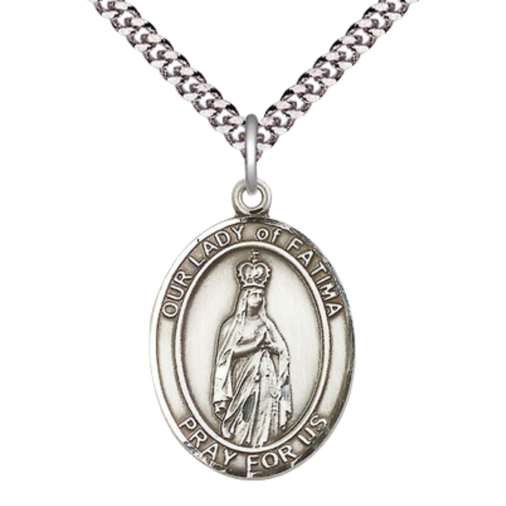 Mens 1 x 3/4" Oval Pewter Our Lady of Fatima Medal Pendant on 24 Inch Rhodium Plated Heavy Curb Brass Chain with Lobster Claw clasp, Catholic Religious Necklace - Made in USA- Velvet Gift Box