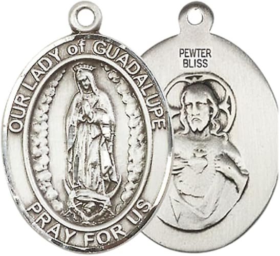 Women's Pewter Our Lady of Guadalupe Medal Pendant on 18 Inch Rhodium Plated Lite Curb Brass Chain w/ Lobster Claw Clasp, Catholic Religious Necklace - Made in USA- Deluxe Velvet Gift Box