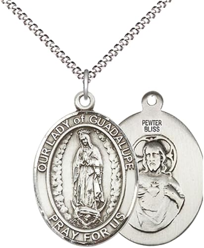 Women's Pewter Our Lady of Guadalupe Medal Pendant on 18 Inch Rhodium Plated Lite Curb Brass Chain w/ Lobster Claw Clasp, Catholic Religious Necklace - Made in USA- Deluxe Velvet Gift Box