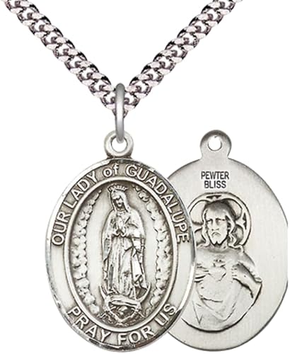 Mens Oval Pewter Our Lady of Guadalupe Medal Pendant on 24 Inch Rhodium Plated Heavy Curb Brass Chain with Lobster Claw clasp, Catholic Religious Necklace - Made in USA- Deluxe Velvet Gift Box