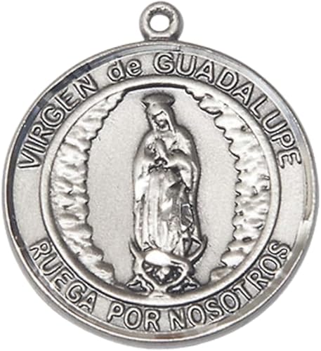 Spanish Script Women's Pewter Virgen de Guadalupe Medal Pendant on 18 Inch Rhodium Plated Lite Curb Brass Chain, Catholic Religious Necklace with Lobster Claw Clasp - Made in USA, Comes in Deluxe Velvet Gift Box