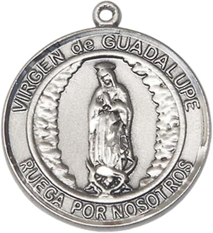 Spanish Script Women's Pewter Virgen de Guadalupe Medal Pendant on 18 Inch Rhodium Plated Lite Curb Brass Chain, Catholic Religious Necklace with Lobster Claw Clasp - Made in USA, Comes in Deluxe Velvet Gift Box