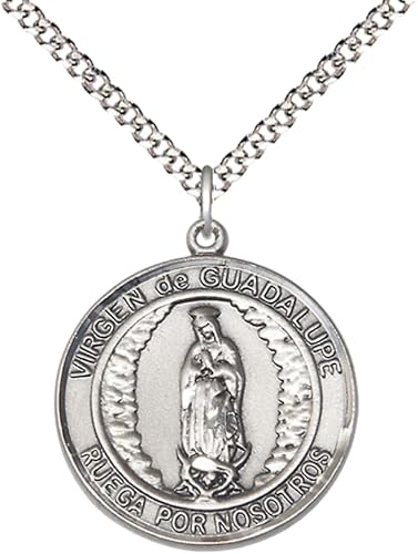 Spanish Script Women's Pewter Virgen de Guadalupe Medal Pendant on 18 Inch Rhodium Plated Lite Curb Brass Chain, Catholic Religious Necklace with Lobster Claw Clasp - Made in USA, Comes in Deluxe Velvet Gift Box