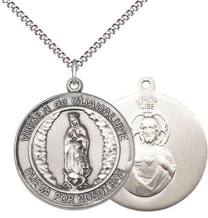 Spanish Script Women's .925 Sterling Silver Virgen de Guadalupe Medal Pendant on 18 Inch Rhodium Plated Lite Curb Brass Chain, Catholic Religious Necklace with Lobster Claw Clasp - Made in USA, Velvet Gift Box.