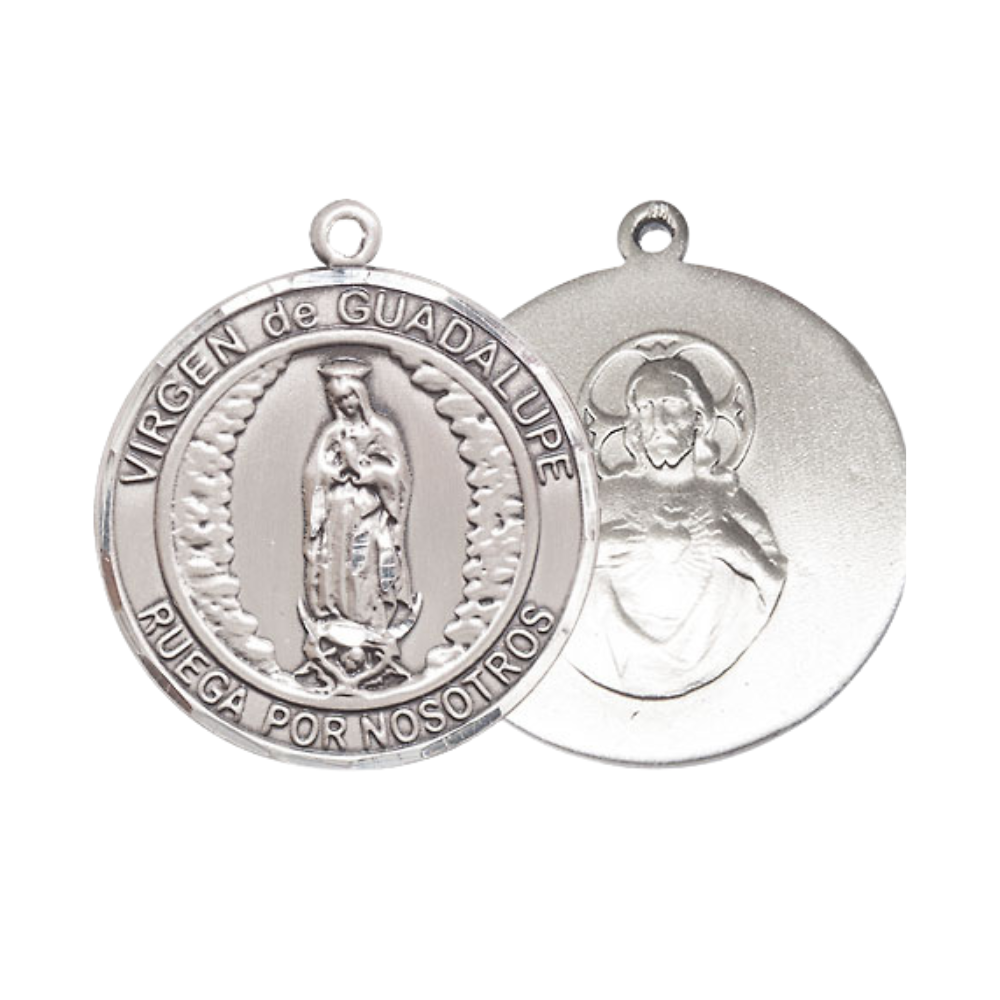 Spanish Script Women's .925 Sterling Silver Virgen de Guadalupe Medal Pendant on 18 Inch Rhodium Plated Lite Curb Brass Chain, Catholic Religious Necklace with Lobster Claw Clasp - Made in USA, Velvet Gift Box.