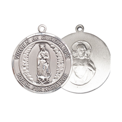 Spanish Script Women's .925 Sterling Silver Virgen de Guadalupe Medal Pendant on 18 Inch Rhodium Plated Lite Curb Brass Chain, Catholic Religious Necklace with Lobster Claw Clasp - Made in USA, Velvet Gift Box.