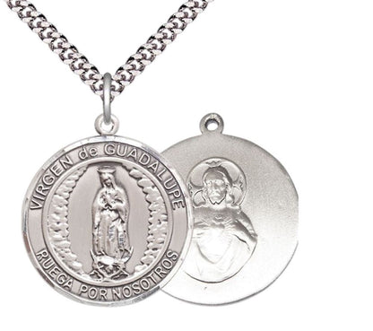 Spanish Script Men's .925 Sterling Silver Virgen de Guadalupe Medal Pendant on 24 Inch Endless Rhodium Plated Heavy Curb Chain, Catholic Religious Necklace - Made in USA, Comes in Deluxe Velvet Gift Box