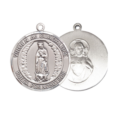 Spanish Script Men's .925 Sterling Silver Virgen de Guadalupe Medal Pendant on 24 Inch Endless Rhodium Plated Heavy Curb Chain, Catholic Religious Necklace - Made in USA, Comes in Deluxe Velvet Gift Box