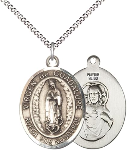 Spanish Script Women's Pewter Virgen de Guadalupe Medal Pendant on 18 Inch Rhodium Plated Lite Curb Brass Chain, Catholic Religious Necklace with Lobster Claw Clasp - Made in USA, Deluxe Velvet Gift Box